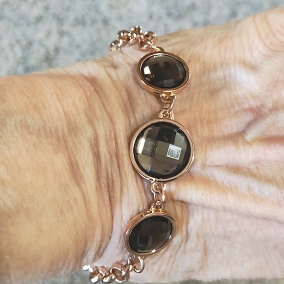 VINTAGE ROSE-GOLD PLATED SMOKY QUARTZ 8" BRACELET - Picture 6 of 9